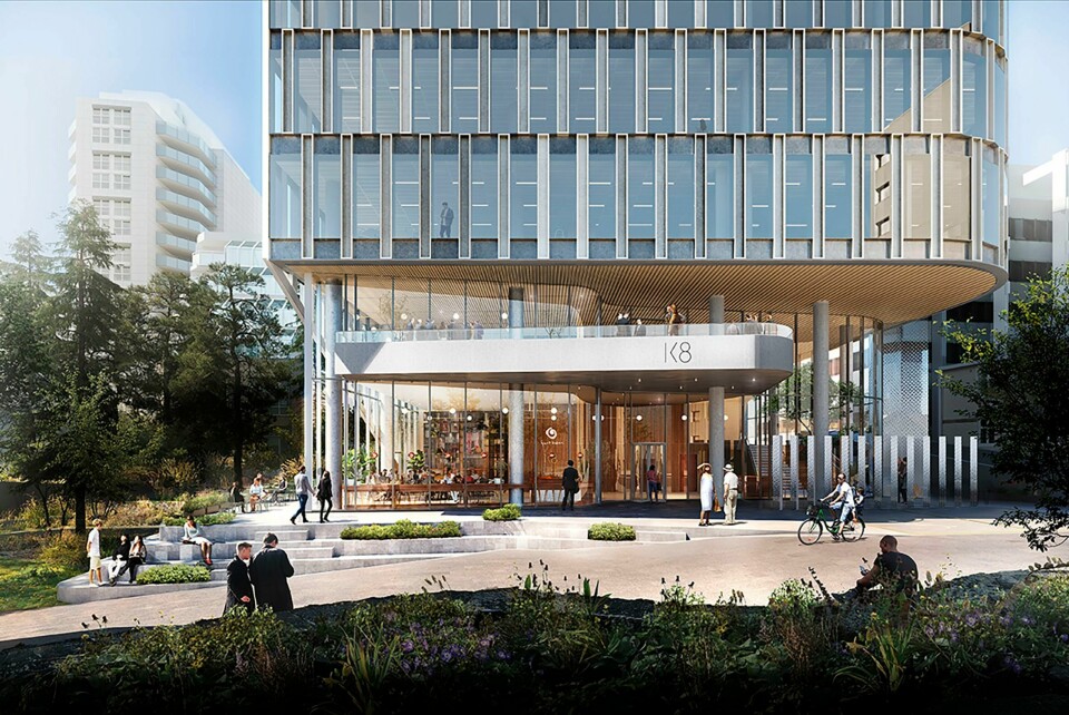 Base Property AS startet høsten 2021 bygging av et høyhus på 16 etasjer i Knud Holms gate 8 i Stavanger sentrum. Illustrasjon