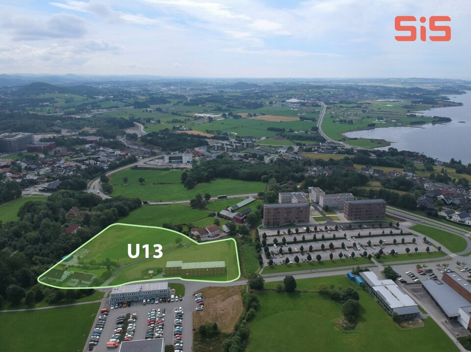 Her skal de nye studentboligene til SiS bygges. De skal stå ferdig til studiestart 2025. Et område med et omriss hvor det står U13 som viser hvor de nye studentboligene skal være.