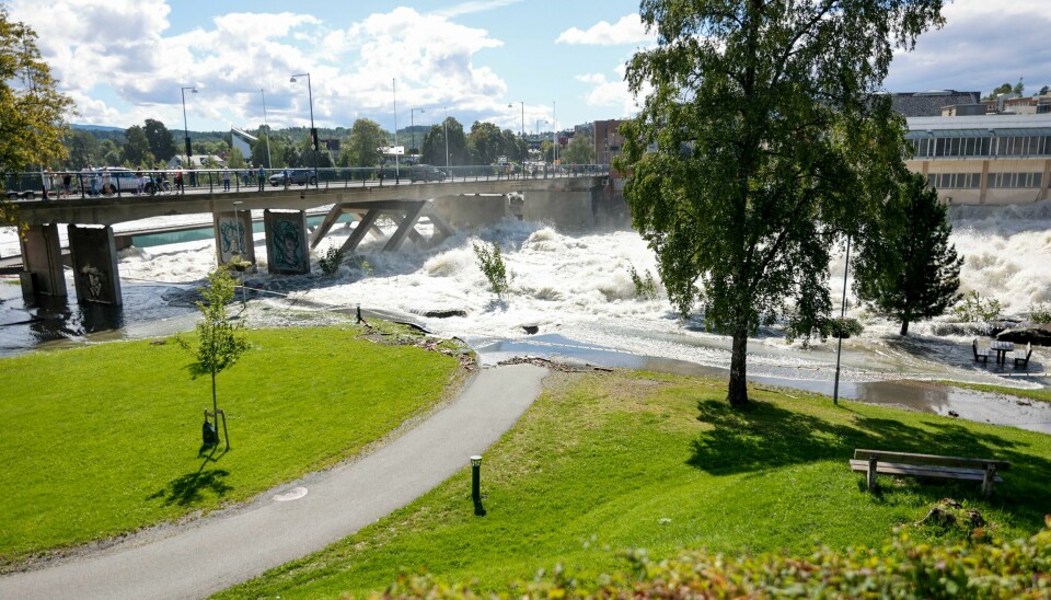 All ferdsel på Hønefoss bru er stanset fordi det er fare for at et transportbånd fra Follum fabrikker kan falle ut i elva og treffe de bærende delene av brua. Bildet er tatt fredag formiddag. All ferdsel på Hønefoss bru er stanset fordi det er fare for at et transportbånd fra Follum fabrikker kan falle ut i elva og treffe de bærende delene av brua. Bildet er tatt fredag formiddag. Foto: Frederik Ringnes / NTB
