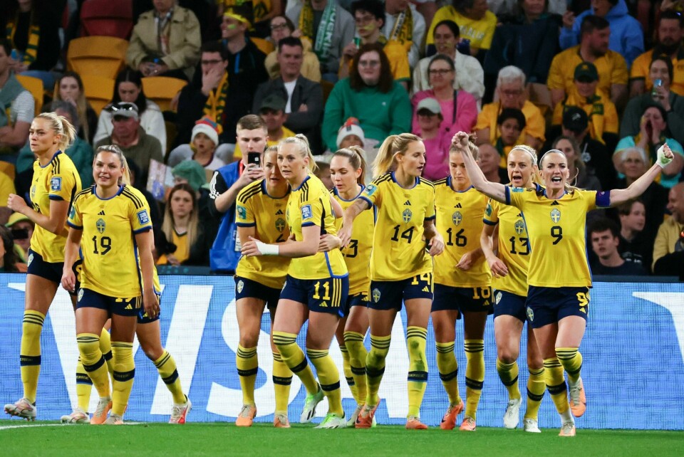 Sverige jubler for mål i VMs bronsekamp mot Australia Sverige jubler for mål i VMs bronsekamp mot Australia. Foto: Tertius Pickard, AP / NTB