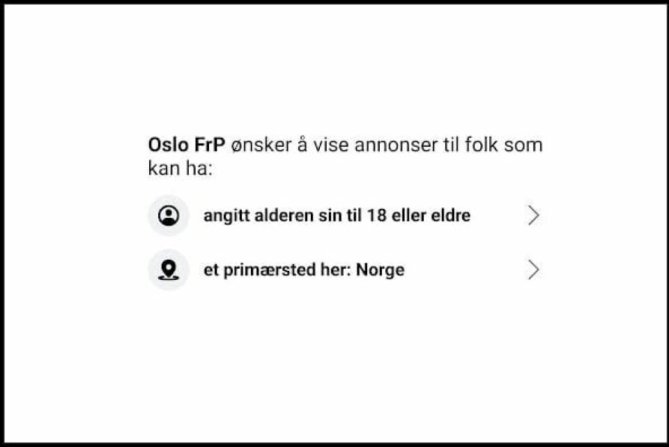 Oslo Frp-annonse på Facebook Oslo Frp-annonse på Facebook