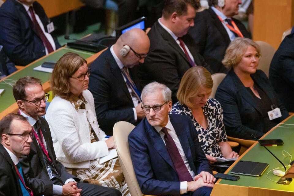 Statsminister Jonas Gahr Støre (Ap) fikk ikke plass på talelisten under Climate Action Summit i New York. Her er han sammen med klima- og miljøminister Espen Barth Eide (Ap), utenriksminister Anniken Huitfeldt (Ap) og utviklingsminister Anne Beathe Tvinnereim (Sp). Statsminister Jonas Gahr Støre (Ap) fikk ikke plass på talelisten under Climate Action Summit i New York. Her er han sammen med klima- og miljøminister Espen Barth Eide (Ap), utenriksminister Anniken Huitfeldt (Ap) og utviklingsminister Anne Beathe Tvinnereim (Sp).