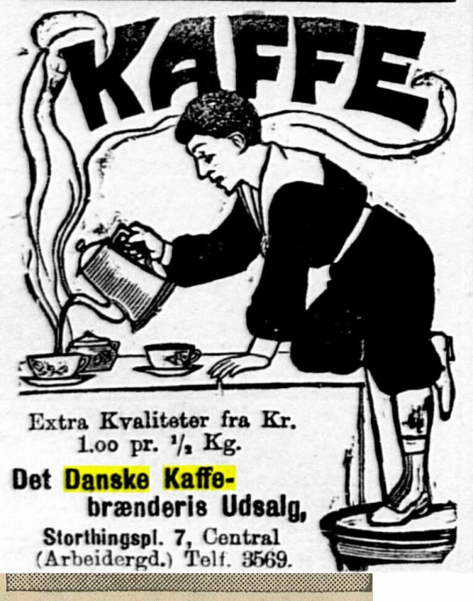 Forløperen til Stockfleths var utsalget til Det danske kaffebrænderi. Forløperen til Stockfleths var utsalget til Det danske kaffebrænderi. Annonse fra Aftenposten 1904.