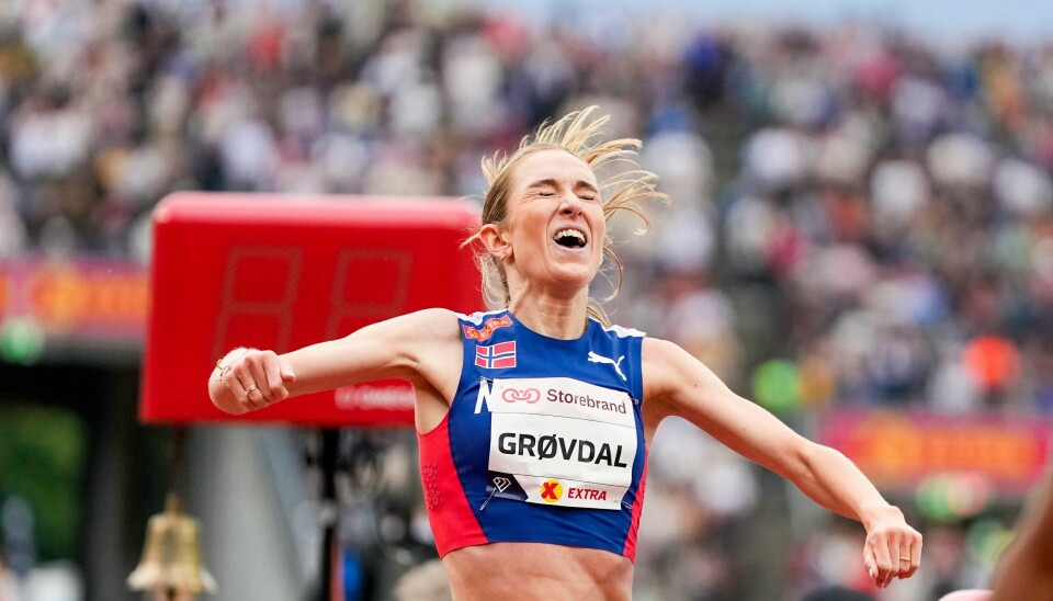 Karoline Bjerkeli Grøvdal kommer inn til norsk rekord på 3000 meter på Bislett torsdag. Oslo 20240530. under Diamond League Bislett Games 2024 på Bislett Stadion.Foto: Beate Oma Dahle / NTB