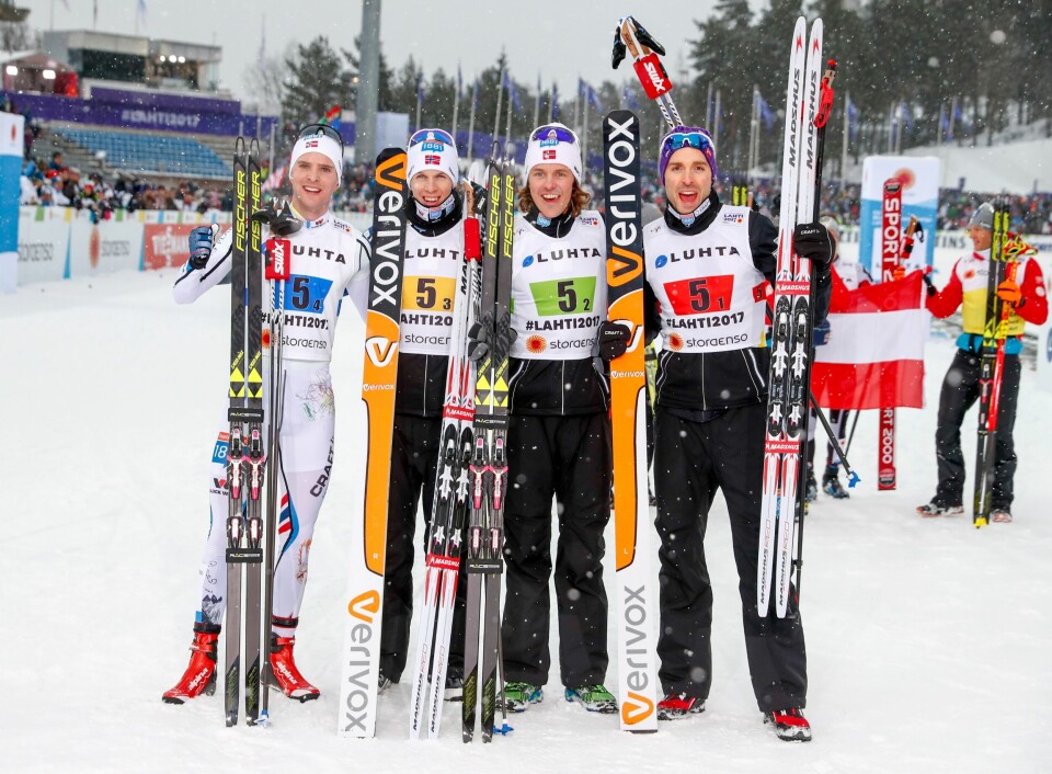 Lahti, Finland 20170226. Ski-VM 2017 Lahti. Lagkonkurranse kombinert Jørgen Graabak t.v , Magnus Krog, Mikko Kokslien og Magnus Moan etter at sølvet er sikret under ski-VM 2017 i Lahti, Finland, lørdag. Lahti, Finland 20170226. Ski-VM 2017 Lahti. Lagkonkurranse kombinert Jørgen Graabak t.v , Magnus Krog, Mikko Kokslien og Magnus Moan etter at sølvet er sikret under ski-VM 2017 i Lahti, Finland, lørdag.