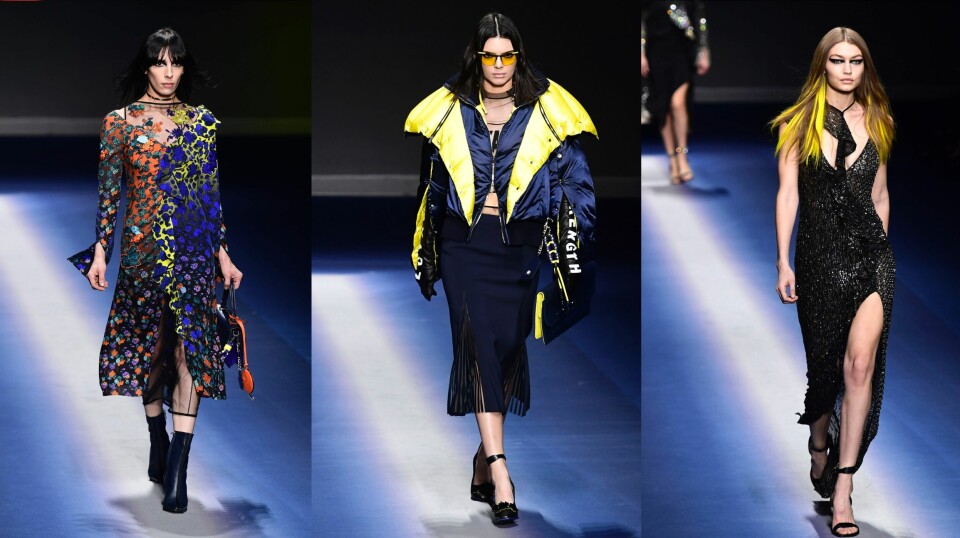 Kjendisstint på Versaces catwalk i Milano, f.v.: Jamie Bochert, Kendall Jenner og Gigi Hadid. Kjendisstint på Versaces catwalk i Milano, f.v.: Jamie Bochert, Kendall Jenner og Gigi Hadid.
