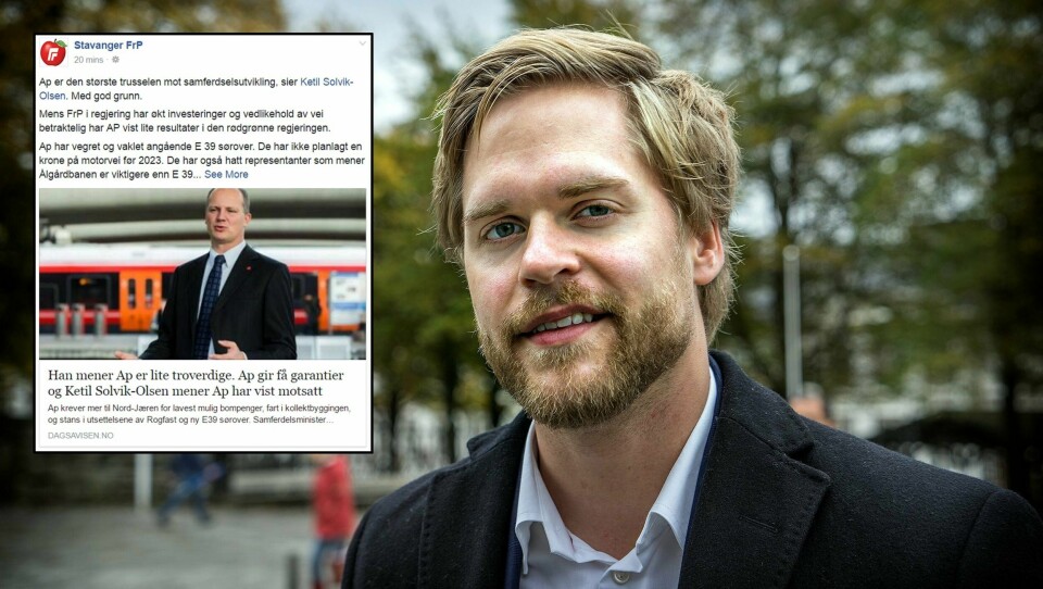 Kristoffer Sivertsen, leder i Stavanger Frp. Innfelt: Saken slik den så ut da Stavanger Frp delte den. Foto: Roy Storvik
