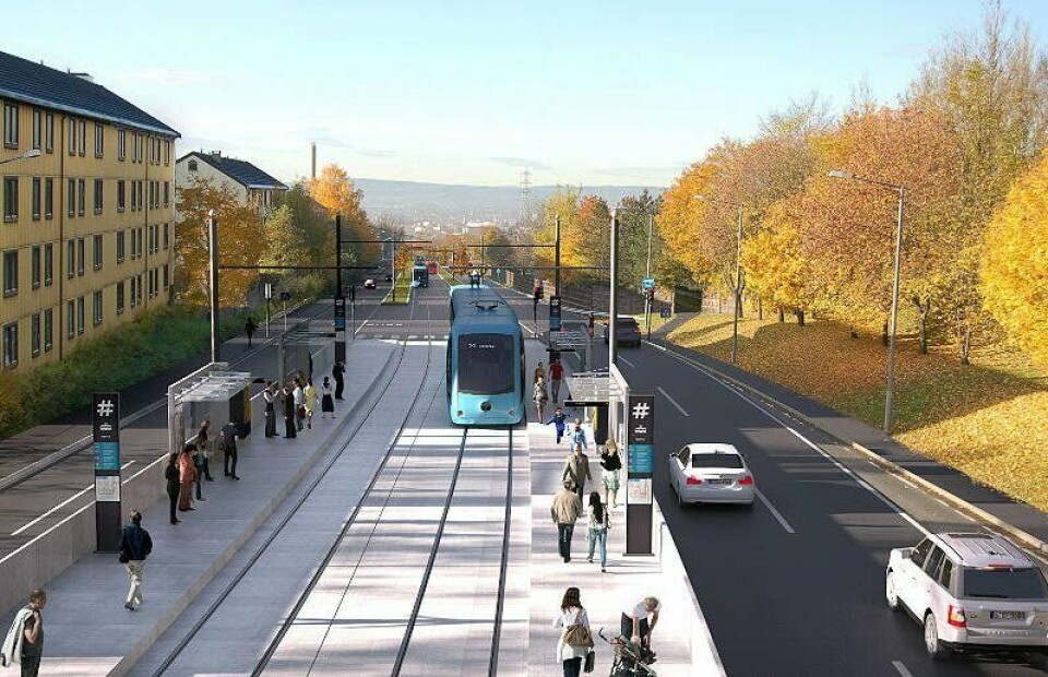 FORELØPIG PLAN: Slik ser Ruter for seg at den nye trikkelinjen til Tonsenhagen kan bli, men Statens vegvesen har hatt innsigelser, ikke minst med tanke på trikkepassasjerenes sikkerhet ved på- og avstigning nær en sterkt trafikkert vei.ILLUSTRASJON: RUTER