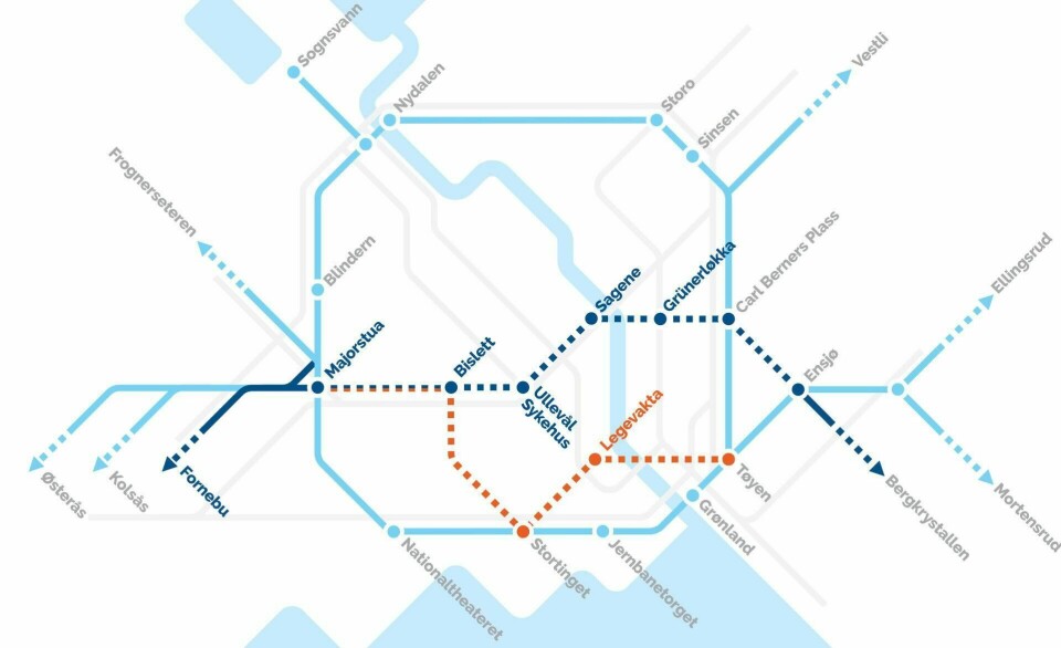 TUNNEL: Høyres forslag til ny T-banetunnel i blåprikkede linje, Ap, SV og MDGs vedtatte forslag i rødt. ILLUSTRASJON: OSLO HØYRE