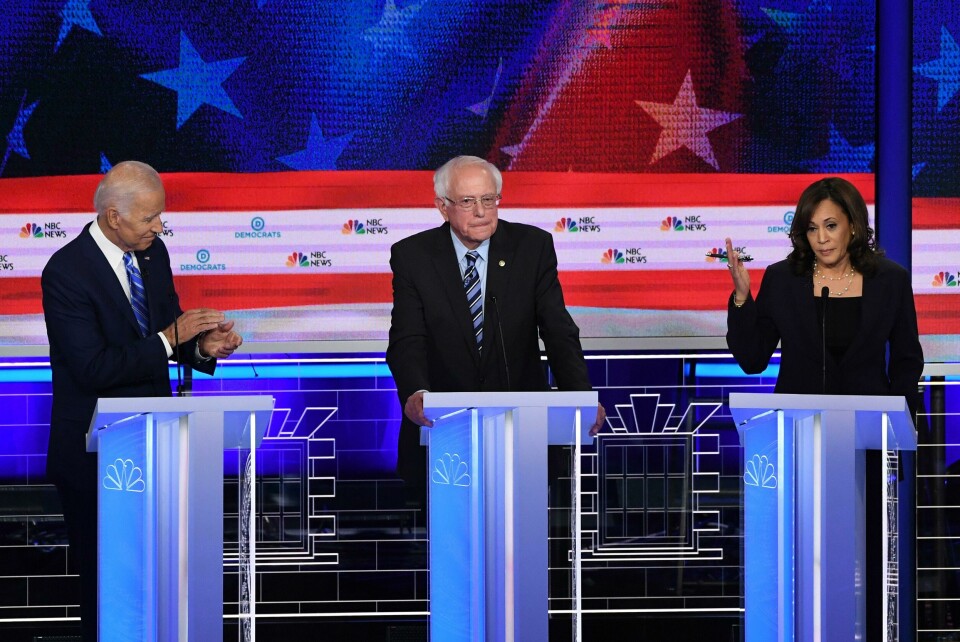 (FILES) In this file photo taken on June 27, 2019, Democratic presidential hopefuls US Senator for California Kamala Harris (R) speaks alongside former US Vice President Joseph R. Biden Jr. (L) and US Senator for Vermont Bernie Sanders during the second Democratic primary debate of the 2020 presidential campaign season hosted by NBC News at the Adrienne Arsht Center for the Performing Arts in Miami, Florida. - Democratic frontrunner Joe Biden lost support after last week's debate in a CNN poll released on July 1, 2019, while Senator Kamala Harris gained among voters ahead of next year's presidential election. Biden, who served under President Barack Obama, still gains the most support from Democrats with 22 percent support, but that's down from 32 percent in late May, the poll said. (Photo by SAUL LOEB / AFP) (FILES) In this file photo taken on June 27, 2019, Democratic presidential hopefuls US Senator for California Kamala Harris (R) speaks alongside former US Vice President Joseph R. Biden Jr. (L) and US Senator for Vermont Bernie Sanders during the second Democratic primary debate of the 2020 presidential campaign season hosted by NBC News at the Adrienne Arsht Center for the Performing Arts in Miami, Florida. - Democratic frontrunner Joe Biden lost support after last week's debate in a CNN poll released on July 1, 2019, while Senator Kamala Harris gained among voters ahead of next year's presidential election. Biden, who served under President Barack Obama, still gains the most support from Democrats with 22 percent support, but that's down from 32 percent in late May, the poll said. (Photo by SAUL LOEB / AFP)