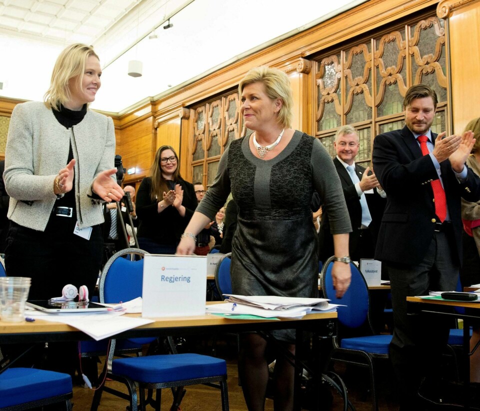 Siv Jensen, Sylvi Listhaug og Christian Tybring-Gjedde under fylkesårsmøtet i Oslo FrP i 2014. Foto: Håkon Mosvold Larsen/NTB scanpix