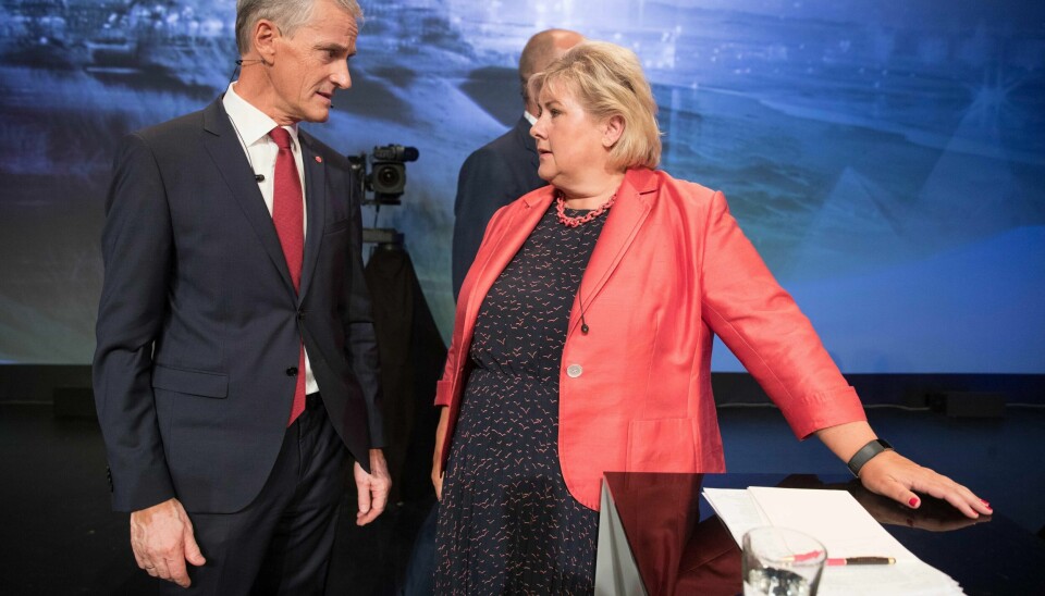 Jonas Gahr Støre (AP) og Erna Solberg (H) .
