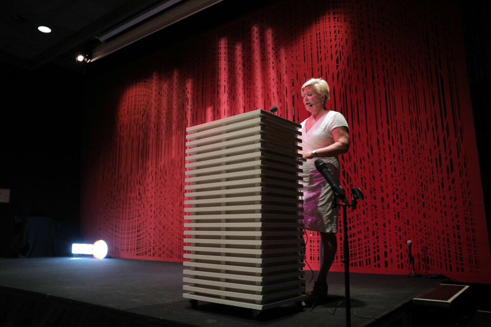 Frp-leder Siv Jensen holdt partilederforedrag på Litteraturhuset i Oslo tirsdag ettermiddag. Foto: Ørn E. Borgen / NTB scanpix Oslo 20190813.FrP-leder Siv Jensen holder sitt partilederforedrag på Litteraturhuset tirsdag ettermiddag.Foto: Ørn E. Borgen / NTB scanpix