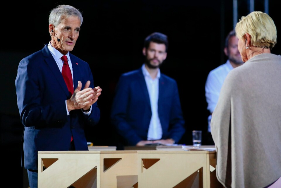 Arendal 20190812.Jonas Gahr Støre (AP) og Siv Jensen (Frp) under partilederdebatten fra Arendalsuka mandag kveld.Foto: Håkon Mosvold Larsen / NTB scanpix