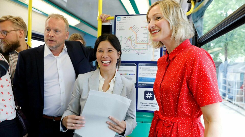 jubel: Miljøpartiet De Grønne ligger an til å få en sterkere posisjon enn før, sier valgforsker Johannes Bergh. Her er Raymond Johansen (Ap), Lan Marie Nguyen Berg (MDG) og Inga Marte Thorkildsen (SV) på lansering av Oslos klimastrategi. FOTO: OLE BERG RUSTEN/NTB SCANPIX
