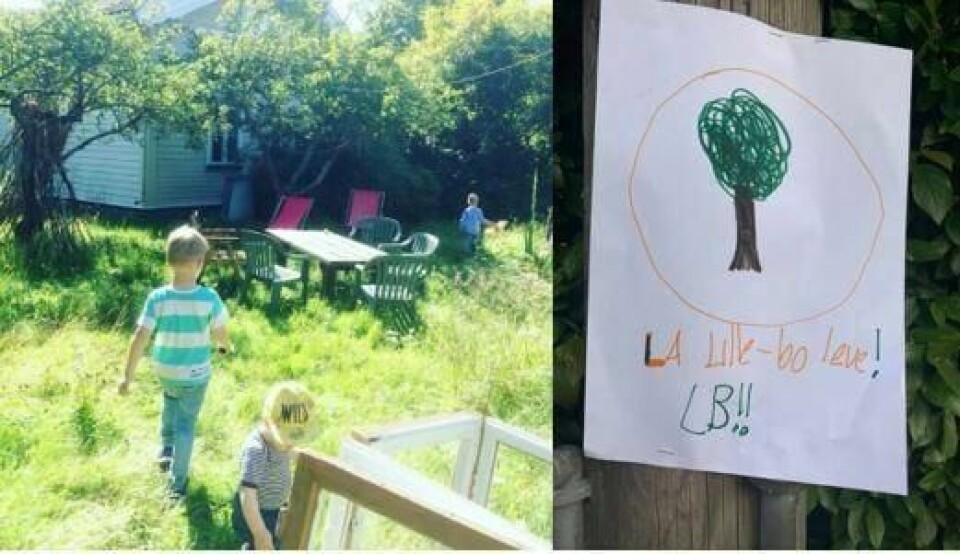 Ensjø er et fortettingsområde midt i Oslo. Grøntarealene mellom alle blokkene vil ikke bli opparbeidet før alle leilighetene er bebodd. På Lille Tøyen hageby har barna hatt sin egen lille protest. Nylig tegnet de plakater og hengte de opp overalt i hagebyen: «La Lillebo leve», var budskapet. Lillebo er altså et lite lekehus i midten av den gamle eplehagen til den vernede Drengestua, skriver forfatterne. FOTO: Privat.