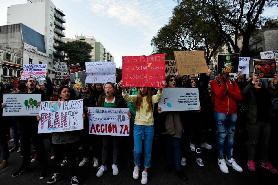 Demonstrasjoner fredag 23.august for å presse president Jair Bolsonaro til å gjøre mer for å få kontroll på brannen i Amazonas.