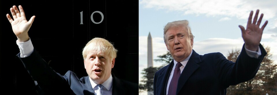 (COMBO) This combination of pictures created on August 2, 2019 shows(FILES) In this file photo taken on July 24, 2019 Britain's new Prime Minister Boris Johnson waves after giving a speech outside 10 Downing Street in London on the day he was formally appointed British prime minister. (FILES) In this file photo taken on November 20, 2018 US President Donald Trump waves after speaking to the press as he departs the White House in Washington, DC. - President Donald Trump and Britain's new Conservative prime minister, Boris Johnson, have discussed trade and the growing struggle for control of emerging 5G technology, the White House said on August 2, 2019. (Photos by Tolga AKMEN and Jim WATSON / AFP) (COMBO) This combination of pictures created on August 2, 2019 shows(FILES) In this file photo taken on July 24, 2019 Britain's new Prime Minister Boris Johnson waves after giving a speech outside 10 Downing Street in London on the day he was formally appointed British prime minister. (FILES) In this file photo taken on November 20, 2018 US President Donald Trump waves after speaking to the press as he departs the White House in Washington, DC. - President Donald Trump and Britain's new Conservative prime minister, Boris Johnson, have discussed trade and the growing struggle for control of emerging 5G technology, the White House said on August 2, 2019. (Photos by Tolga AKMEN and Jim WATSON / AFP)