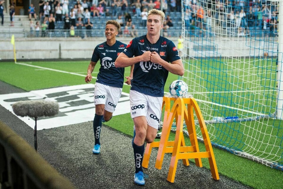 Vikings Kristian Thorstvedt jubler under kampen mellom Viking og Ranheim på SR-Bank Arena. Foto: Carina Johansen / NTB Scanpix