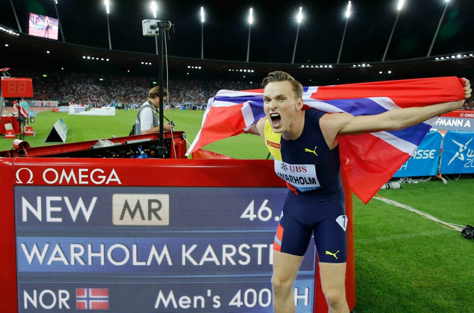 Karsten Warholm var ellevill av begeistring etter torsdagens seier i Zürich.
