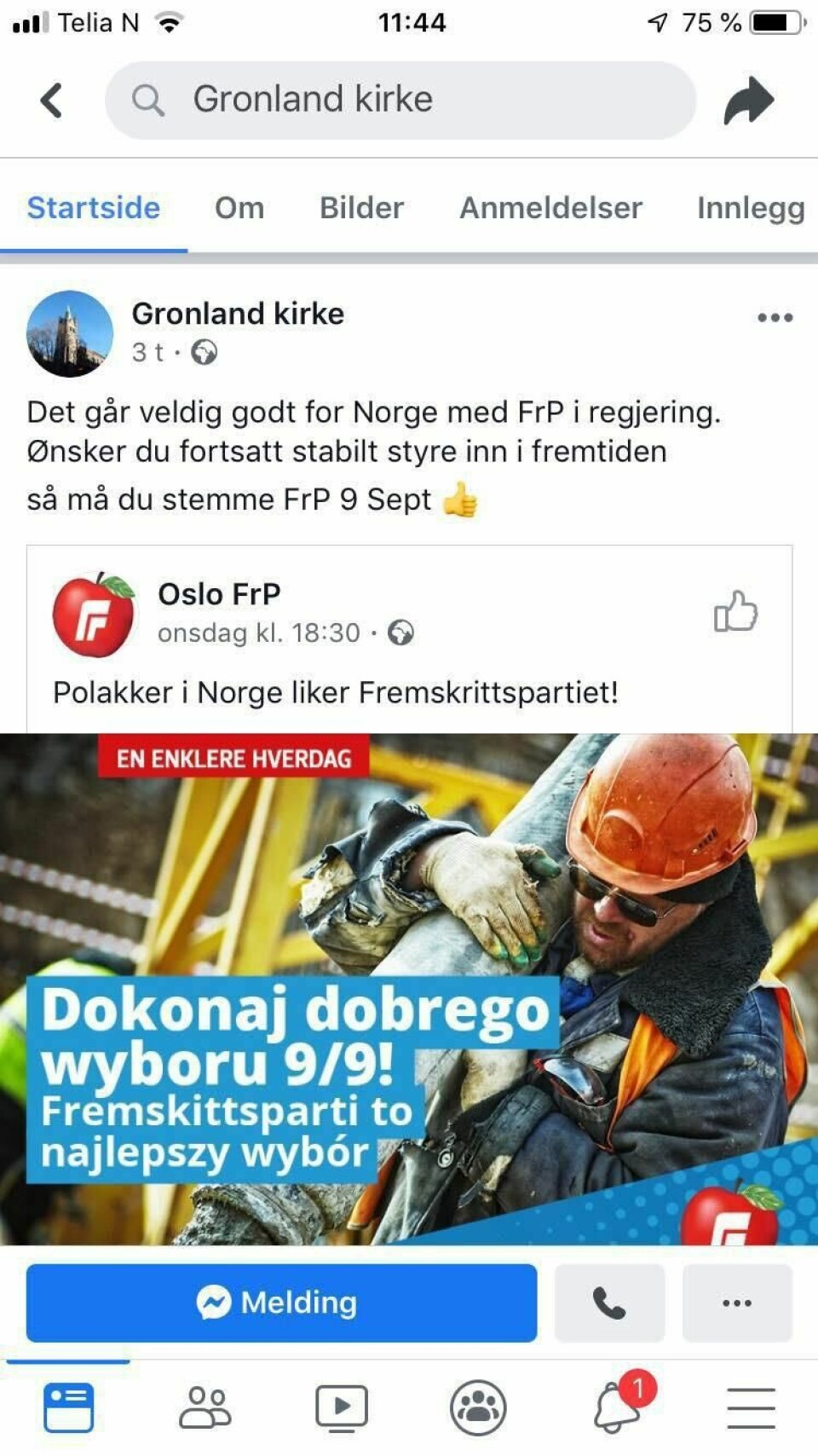 Flere falske facebookprofiler for Oslo-kirker reklamerer for Fremskrittspartiet. Foto: Skjermdump Facebook / NTB scanpix