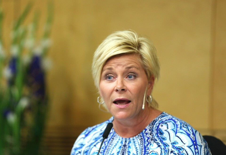 Finansminister Siv Jensen holder pressekonferanse om revidert nasjonalbudsjett 2016. Foto: Vidar Ruud / NTB scanpix