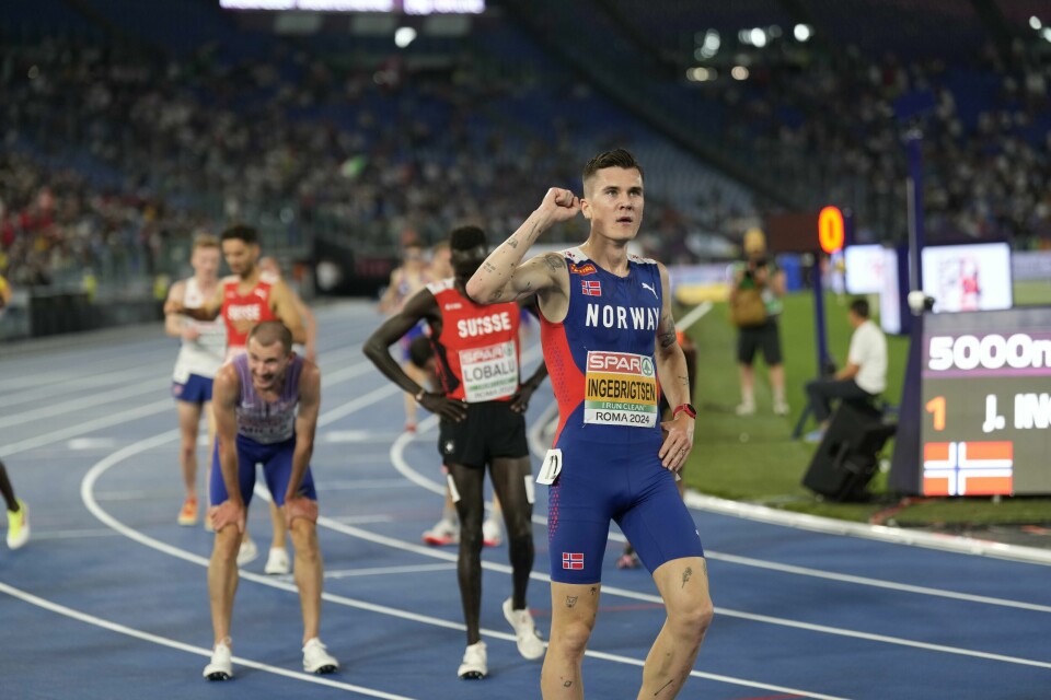 Jakob Ingebrigtsen etter målgang på 5000-meteren i Roma. Jakob Ingebrigtsen etter målgang på 5000-meteren i Roma. Foto: Heiko Junge / NTB