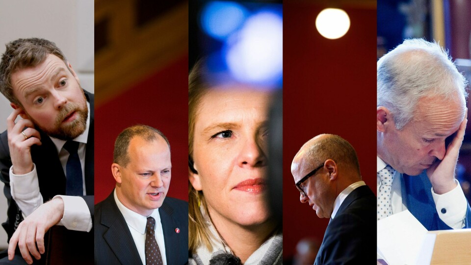 Går på politiske nederlag: Kunnskapsminister Torbjørn Røe Isaksen, samferdselsminister Ketil Solvik-Olsen, innvandrings- og integreringsminister Sylvi Listhaug, klima- og miljøminister Vidar Helgesen og kommunal- og moderniseringsminister Jan Tore Sanner.