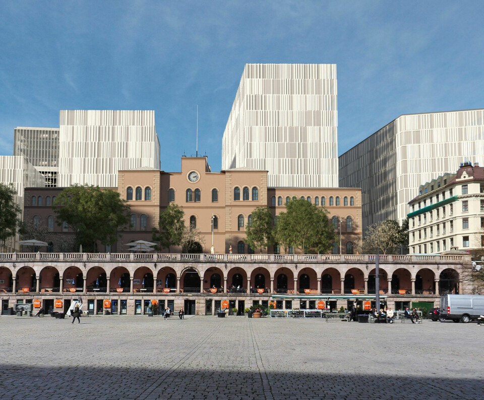 Forslag til nytt regjeringskvartal sett fra Youngstorget. Høyblokka har vokst tolv meter i høyden. Forslag til nytt regjeringskvartal sett fra Youngstorget. Høyblokka har vokst tolv meter i høyden.