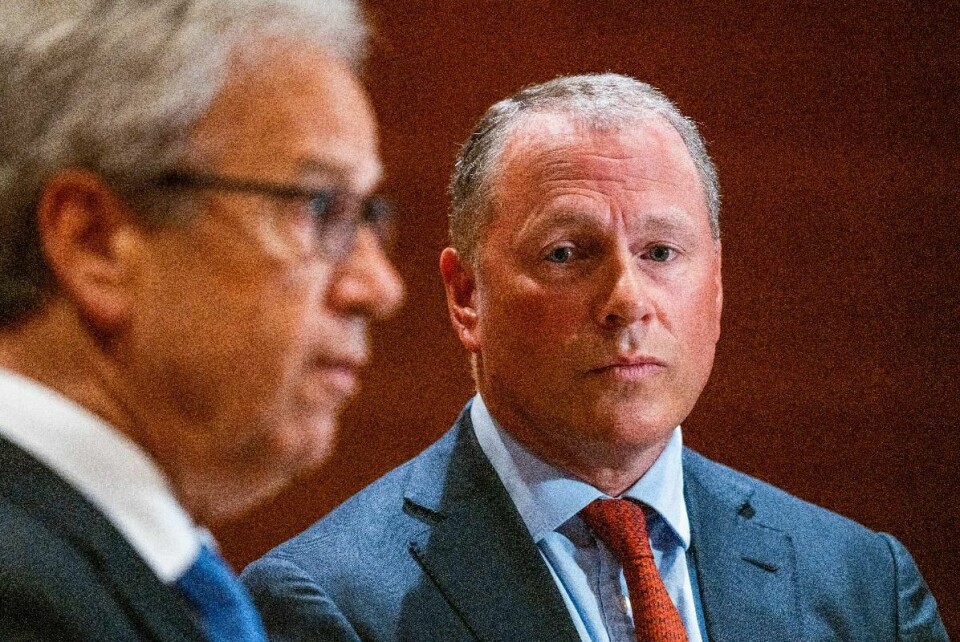 Sentralbanksjef Øystein Olsen (t.v.) og påtroppende oljefondssjef Nicolai Tangen under en pressekonferanse i mai i år.