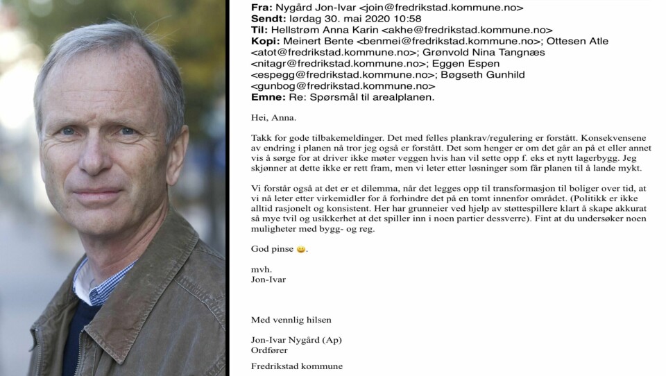 «Utskriften fra mail-korrespondansen lar oss bevitne et bemerkelsesverdig samspill mellom ordføreren og kommunedirektørens folk, hvor det jobbes både sent og tidlig på alle kanter», skriver Truls Velgaard (H).