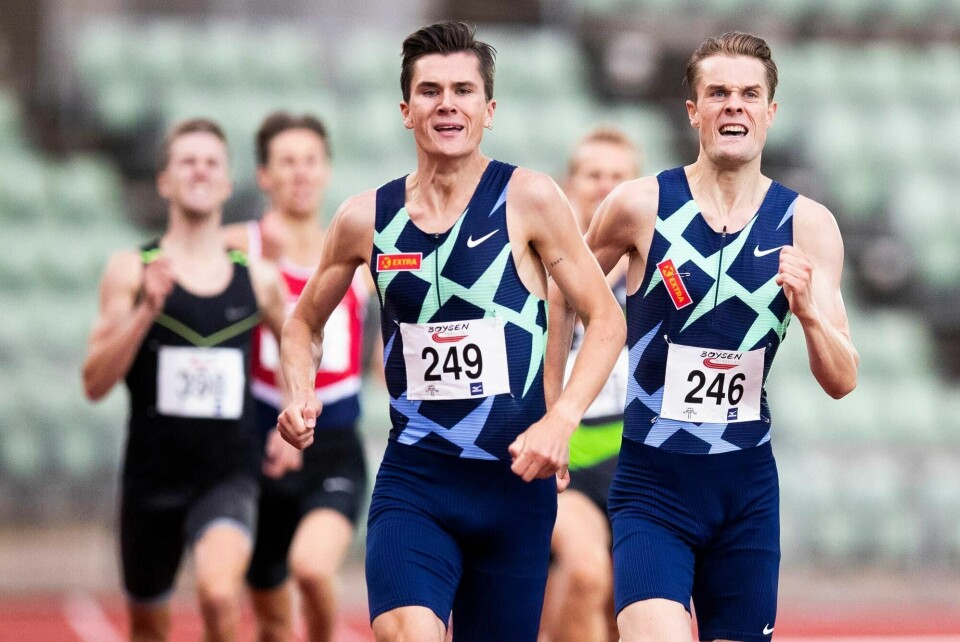 Jakob Ingebrigtsen (t.v.) og Filip Ingebrigtsen under Boysen Memorial-stevnet på Bislett stadion nylig. Foto: Trond Reidar Teigen / NTB scanpix