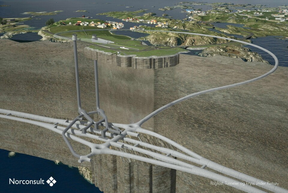 Fremskrittspartiet ønsker å slå fast at det ikke finnes et alternativ til Rogfast som løser utfordringer som regionen eller nasjonen står ovenfor. Bildet viser hvordan krysset under Kvitsøy blir, med to ventilasjonssjakter og tunnel opp til Kvitsøy. Illustrasjon: Norconsult/Statens Vegvesen