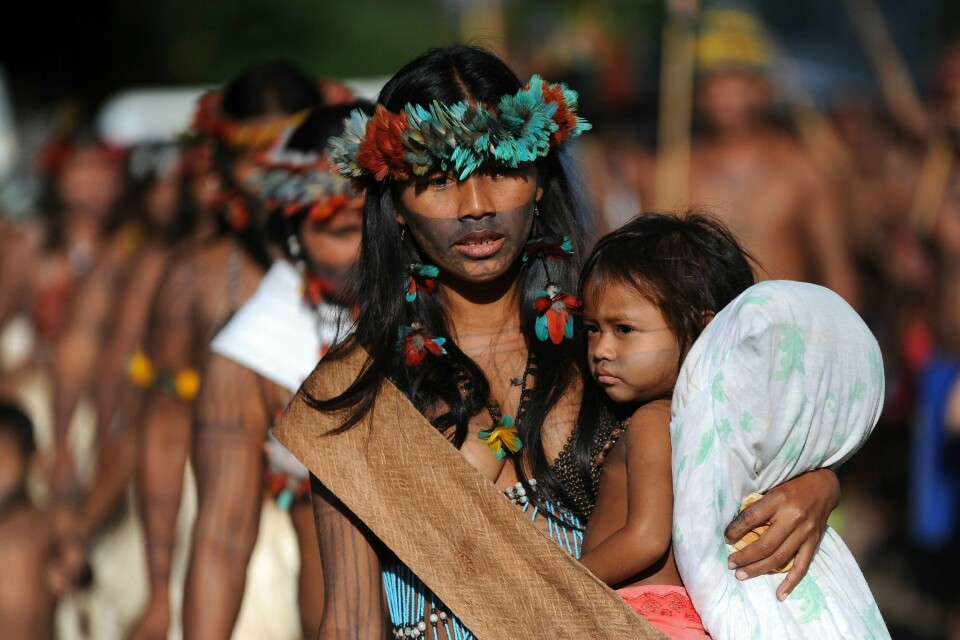 Urfolk fra Sawre Muybu Munduruku-stammen protesterer mot bygging av et vannkraftverk ved Tapajos-elven i hjertet av Amazonas. I 2019 ble rekordmange miljøaktivister drept, mange av dem urfolk. Foto: Andressa Anholete / NTB scanpix