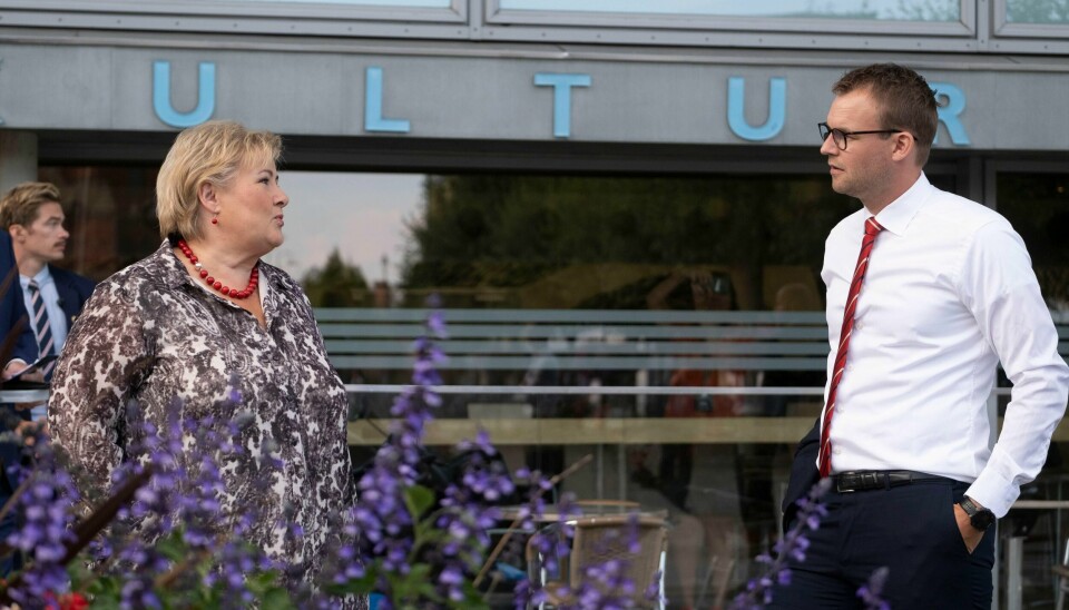 Statsminister Erna Solberg (H) møter Barne- og familieminister Kjell Ingolf Ropstad (Krf) før partilederdebatten under Arendalsuka 2020.