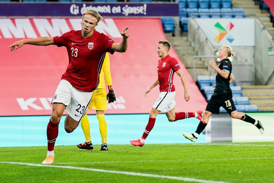 Norges Erling Braut Haaland jubler etter 1–2 målet mot Østerrike. Foto: Stian Lysberg Solum / NTB scanpix