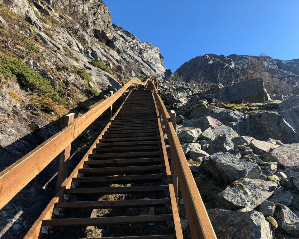 Tretrappa på Vega tar deg til toppen av Ravnfloget, 350 meter over havet, og med utsikt helt til Træna.Foto: Kystriksveien Reiseliv/NTB scanpix Tretrappa på Vega tar deg til toppen av Ravnfloget, 350 meter over havet, og med utsikt helt til Træna.Foto: Kystriksveien Reiseliv/NTB scanpix