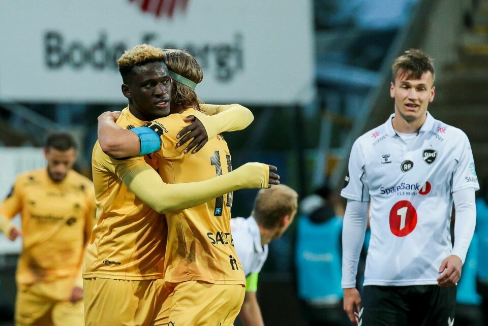 Bodø/Glimts Victor Boniface og Ulrik Saltnes jubler under eliteseriekampen i fotball mellom Bodø/Glimt og Odd på Aspmyra stadion.