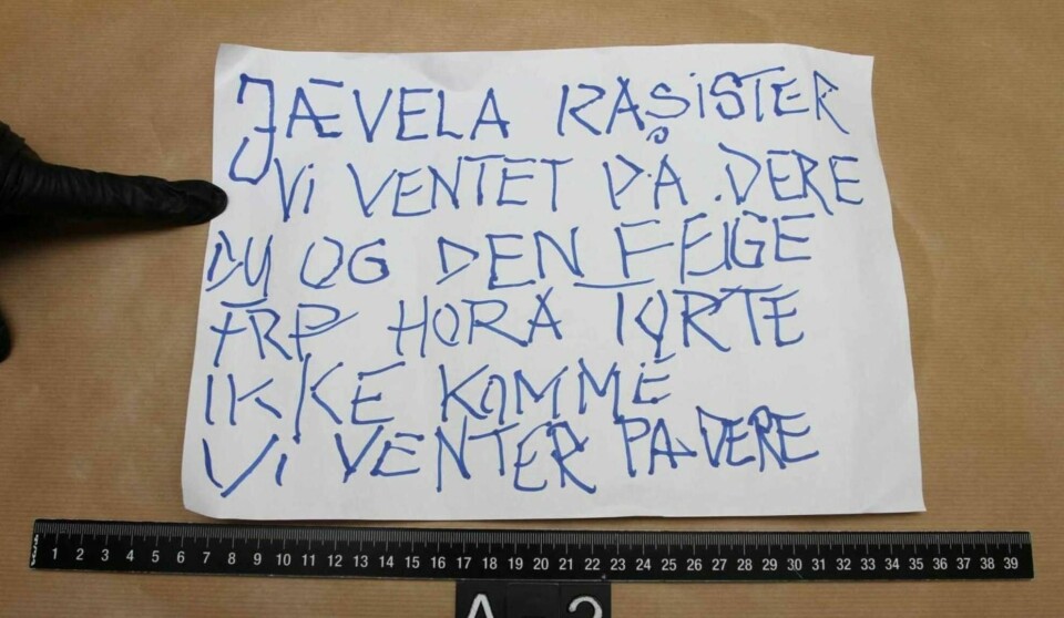 Flere av resultatene av skriftprøver i Bertheussen-saken taler sterkt for at skriften i beslaget er utført av tiltalte, mener skriftekspert. På en skala fra +3 til -3, der 0 indikerer at det ikke kan trekkes noen konklusjon om samsvar eller ei, ble dette trusselbrevet gradert til +2.