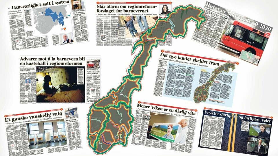 Fra 2020 har Norge 11 regioner, mot dagens 19 fylker. Men fortsatt er veien fram lang, og det er særlig kritikk mot den nye Viken-regionen, og tvangssammenslåingen i nord. Kartet viser lappeteppet av forvaltningsnivåer og regional inndeling av det offentlige Norge. Faksimilene er hentet fra 23. juli til og med 1. august. Illustrasjon: Dagsavisen