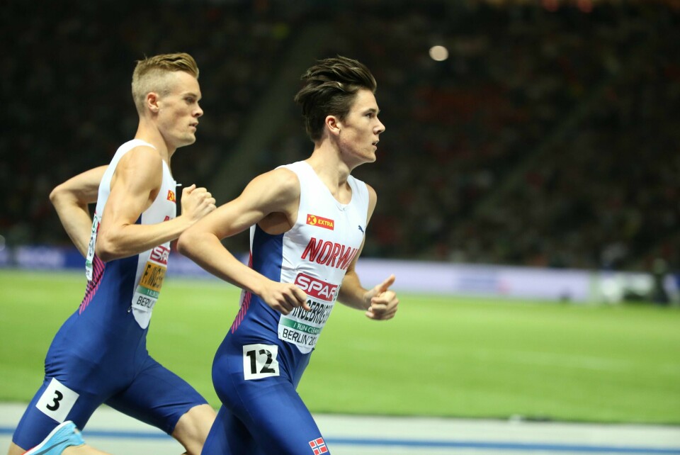 Henrik Ingebrigtsen, Filip Ingebrigtsen og Jakob Ingebrigtsen (Sandnes IL) i finalen på 1500 meter under EM i friidrett på Berlin på Olympiastadion. Foto: Ørn Borgen / NTB scanpix