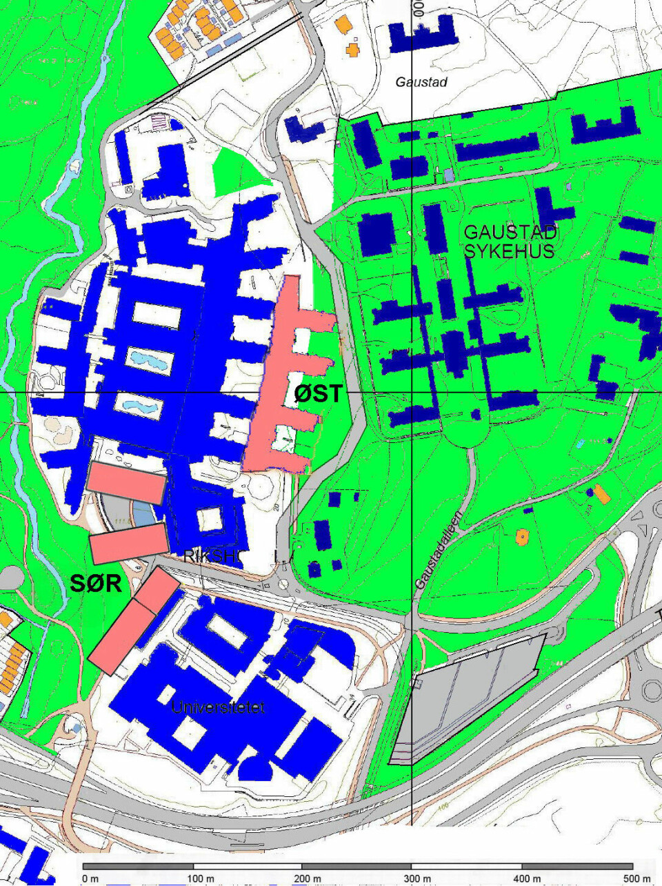Utvidelse (rosa) av Rikshospitalet: I ØST med ca. 25.000 m2 som bebyggelse i 3 etasjer og i SØR med 150.000 m2 svarende til 25 etasjer. Utvidelse (rosa) av Rikshospitalet: I ØST med ca. 25.000 m2 som bebyggelse i 3 etasjer og i SØR med 150.000 m2 svarende til 25 etasjer.