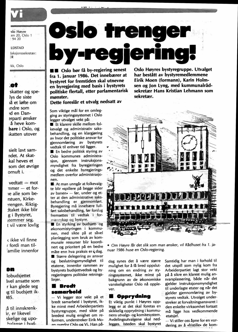 Høyres forslag: Første sak i Høyres medlemsblad «Oslo og vi» i november 1984 var at Høyre ville ha en byregjering. FAKSIMILE: OSLO OG VI