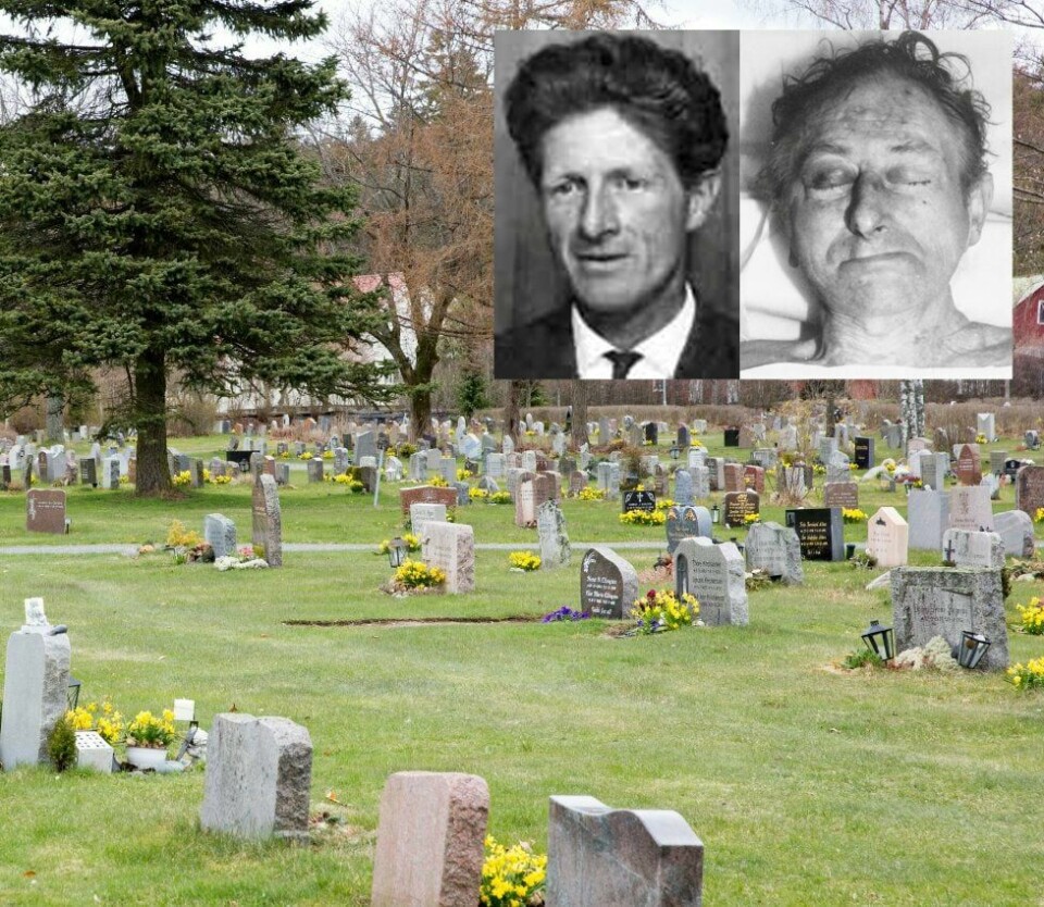 Ikke match: Kambomannen (til høyre), som ble funnet død på Kambo i 1987 og ligger begravd her på Jeløy, er ikke samme mann som den savnede sveitseren Rémy Bulliard (til venstre). FOTO: Foto: Åsted Norge/The Doe Network/Kripos/KENNETH STENSRUD