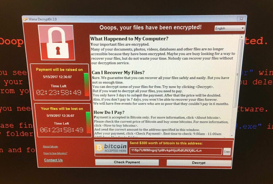 Skjermdump fra en datamaskin ved et britisk sykehus som ble rammet av dataviruset fredag. Foto: @fendifille via AP / NTB scanpix