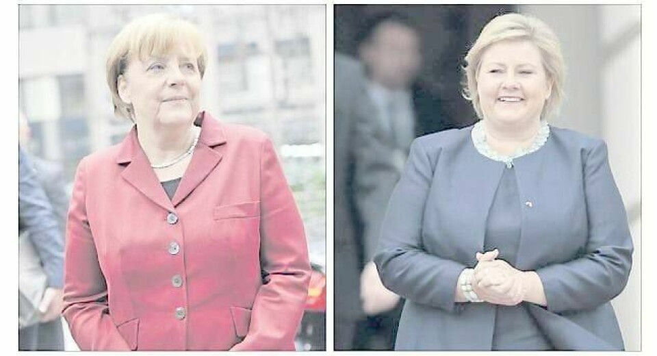 Tysklands kansler Angela Merkel tar imot Erna Solberg i Berlin i dag. FOTO: NTB SCANPIX