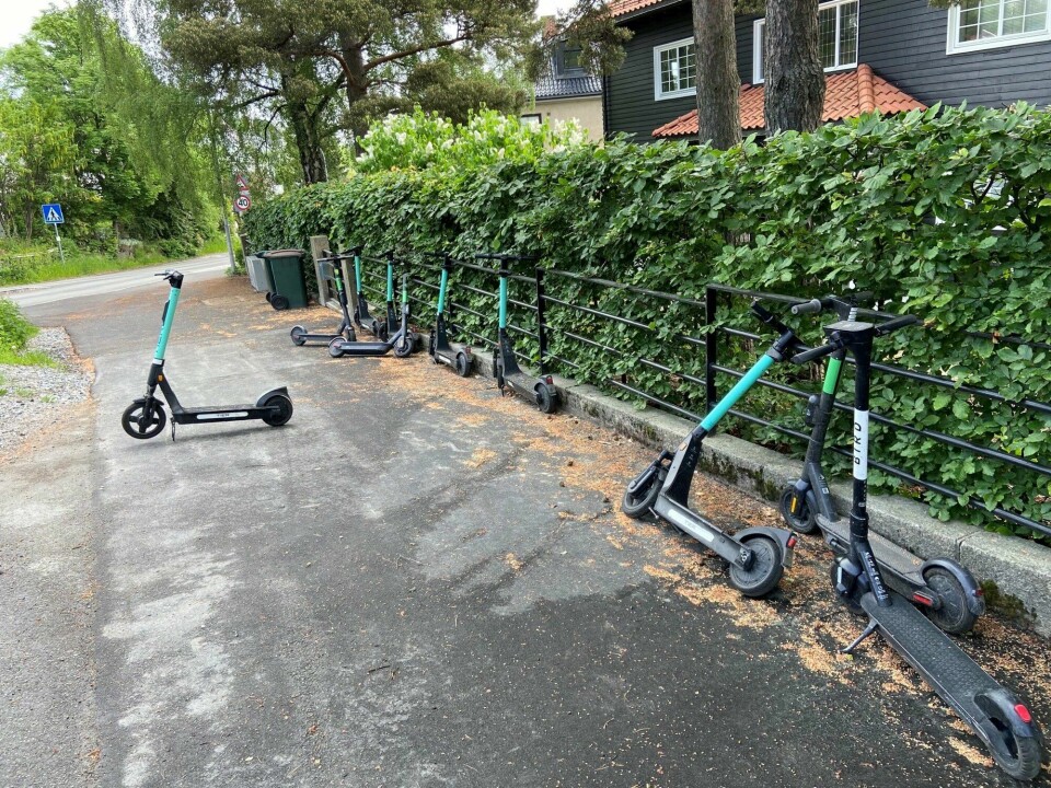Slik ser det ut i Løkkebergveien i Drammen. En beboer har talt opptil 20 el-sparkesykler i samme nabolag. Slik ser det ut i Løkkebergveien i Drammen. En beboer har telt opptil 20 el-sparkesykler som står i samme nabolag.
