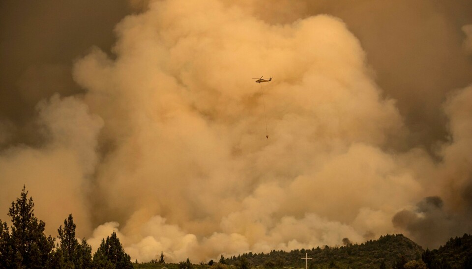 Et helikoptre passerte en røyksky. Et helikoptre passerte en røyksky / Noah Berger / AP