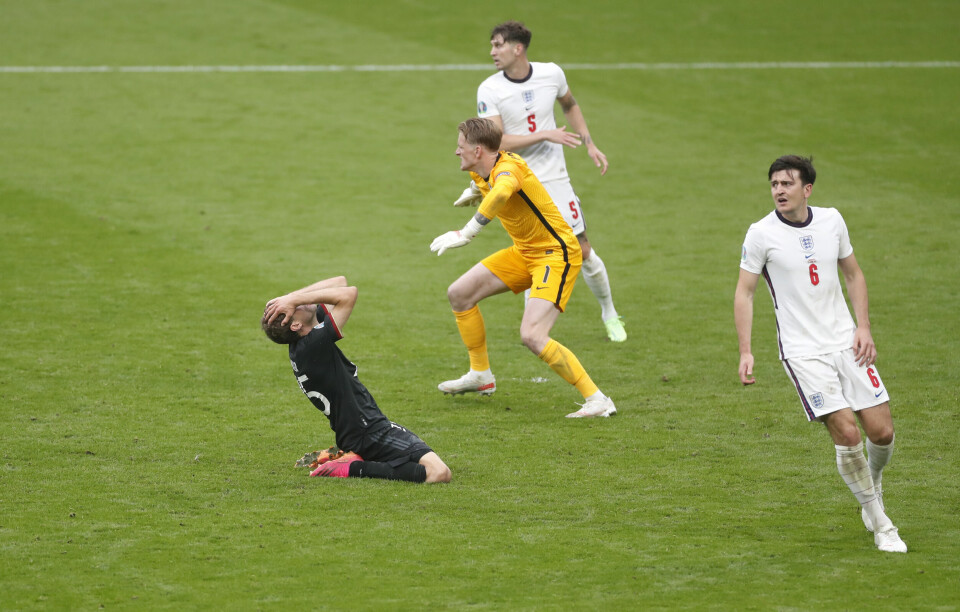 Thomas Müller scoret IKKE og Jordan Pickford holdt fortsatt nullen. Foto: Thomas Müller scoret IKKE og Jason Pickford holdt fortsatt nullen. Foto: