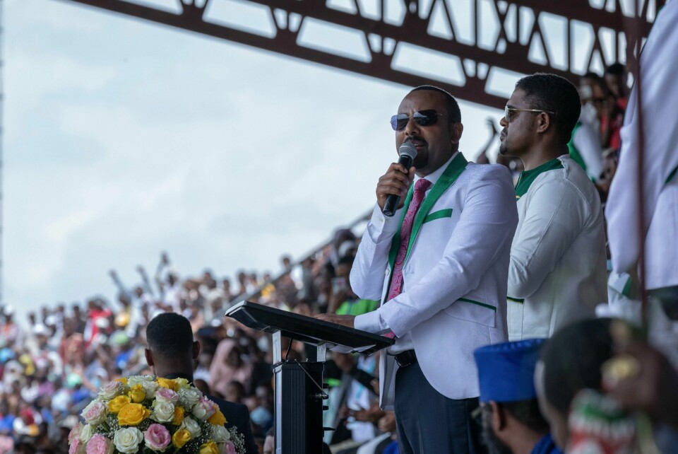 Etiopias statsminister Abiy Ahmed taler i Jimma på det siste valgkamparrangementet før valget 21. juni. Etiopias statsminister Abiy Ahmed under et valgmøte i byen Jimma i Oromia-regionen. Foto: Mulugeta Ayene / AP / NTB